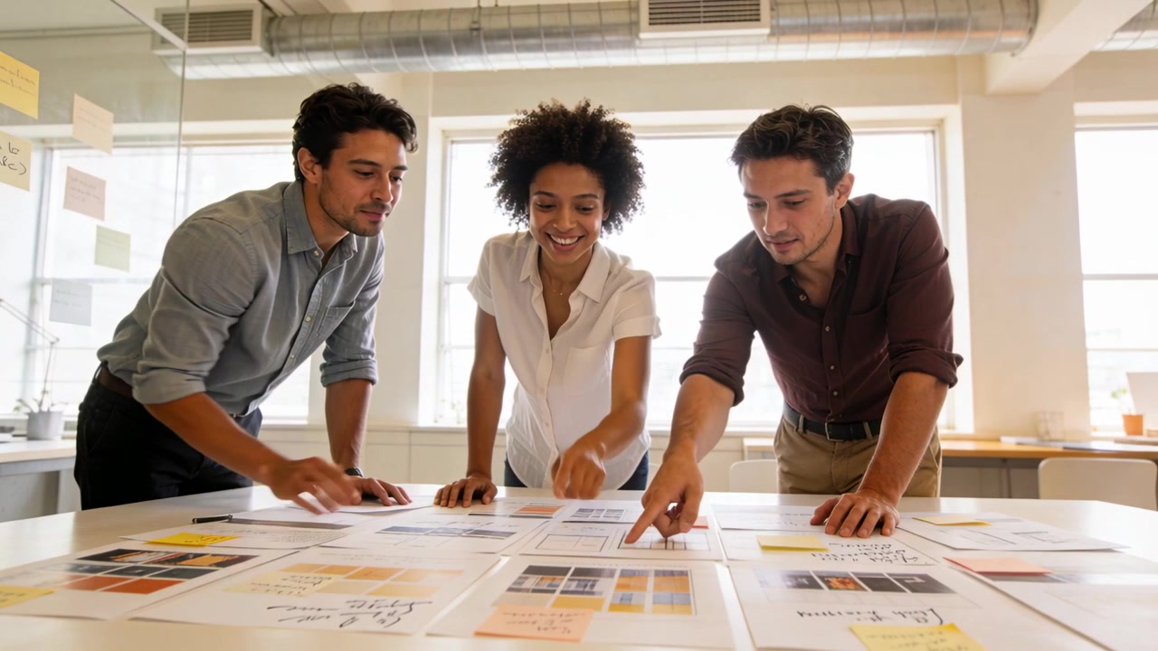 Moving layouts, coworker and team in button-ups pointing at office table with swatches finalizing
