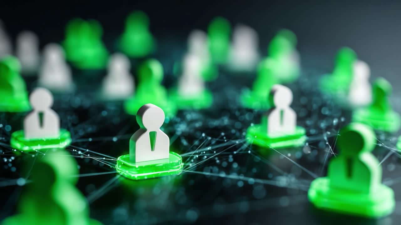 Interconnected Digital Network Featuring User Figures Representing Data Exchange and Interaction in a Virtual Environment with Emerging Tech Themes