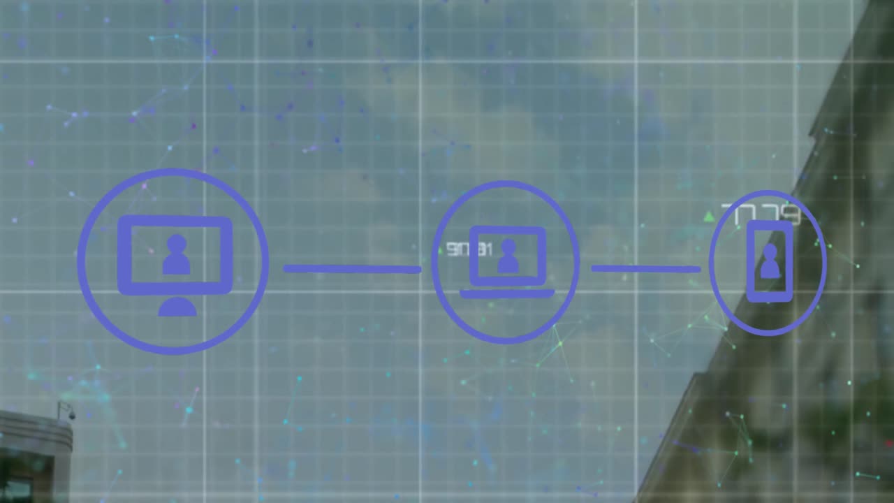 구름이 인 하늘에 연결된 점들에 대한 현대 건물 위의 아이콘의 플로우 차트의 애니메이션