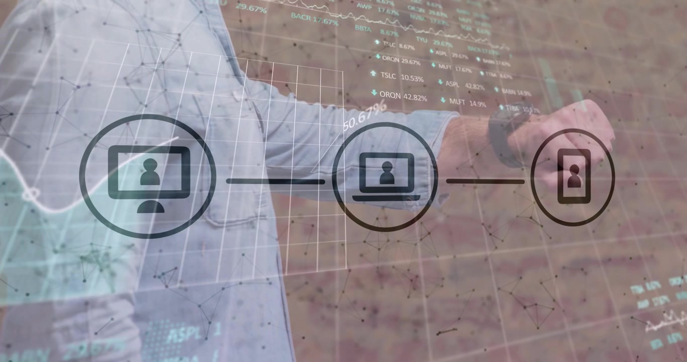 Man raising wrist and rotating watch, causing device icons moving and updating business charts