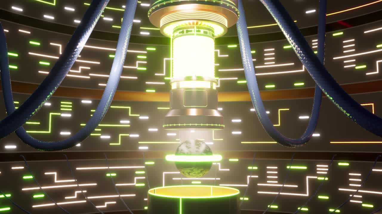 인공 지능 시스템, 컴퓨터 비전, 딥 러닝, 빛나는 네온 불빛, 광택 표면, 케이블 연결, 3d 애니메이션