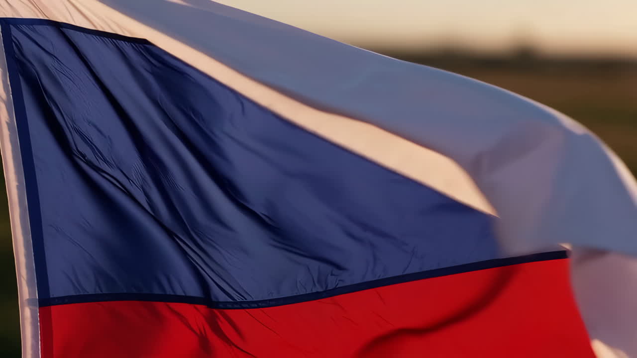 Czech Republic Flag Waving in the Field at Sunset