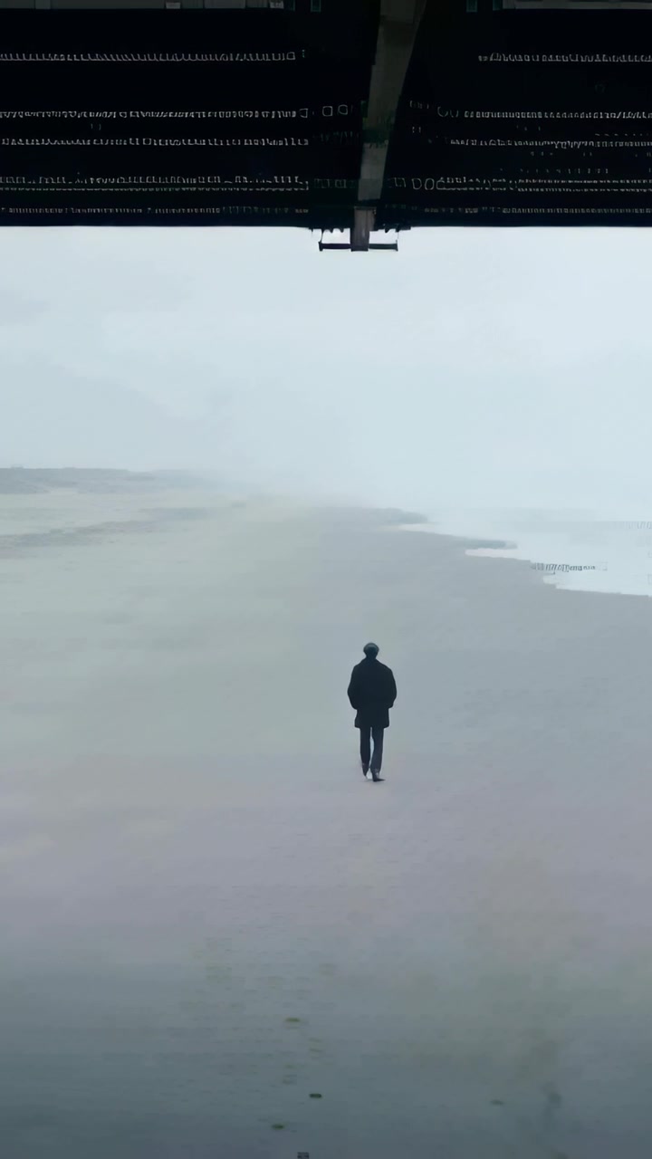 Vertical video: Starting under pier on beach, man in dark coat, hat walking away leaving footprints