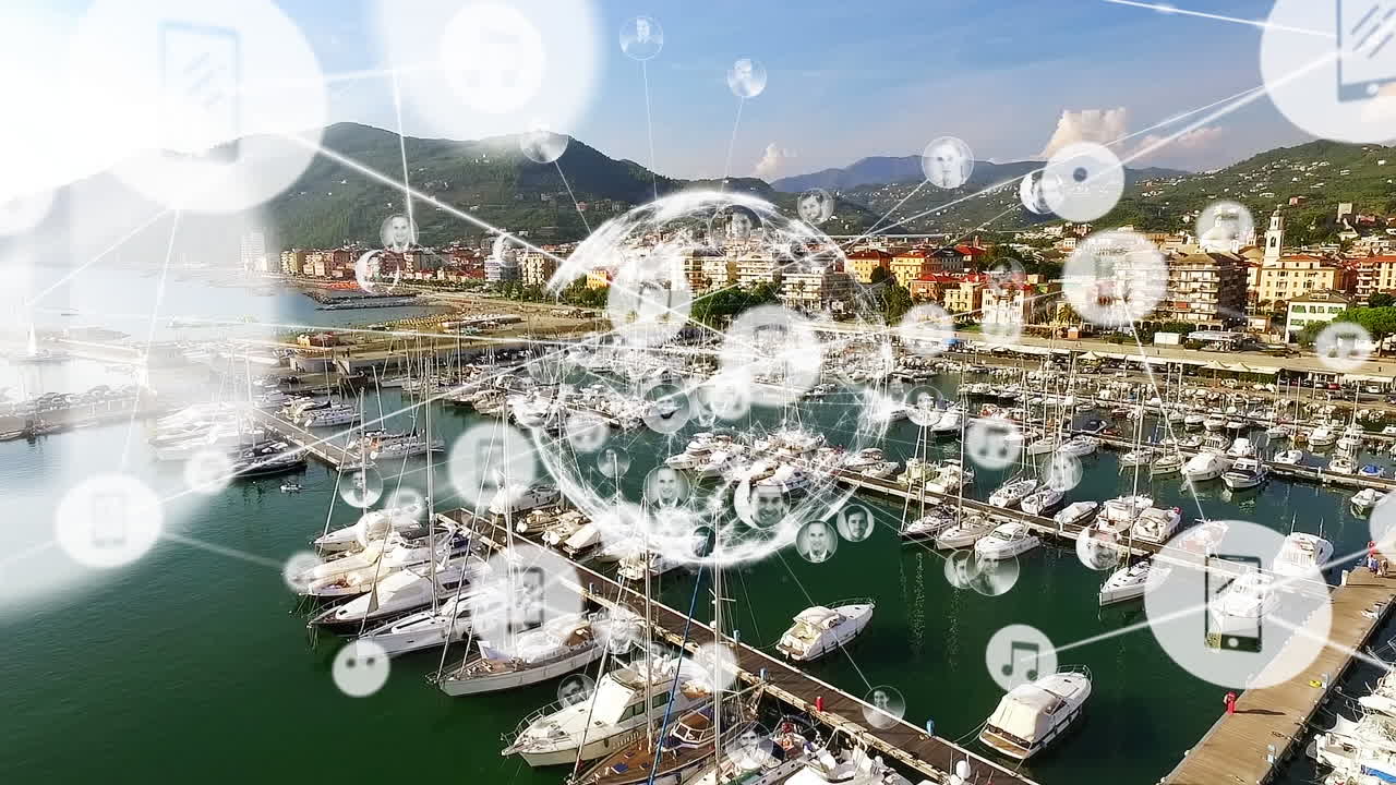 Animation of profiles around globe, connected icons over aerial view of boats moored at harbor