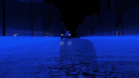 a car driving through a dark, blue, futuristic city