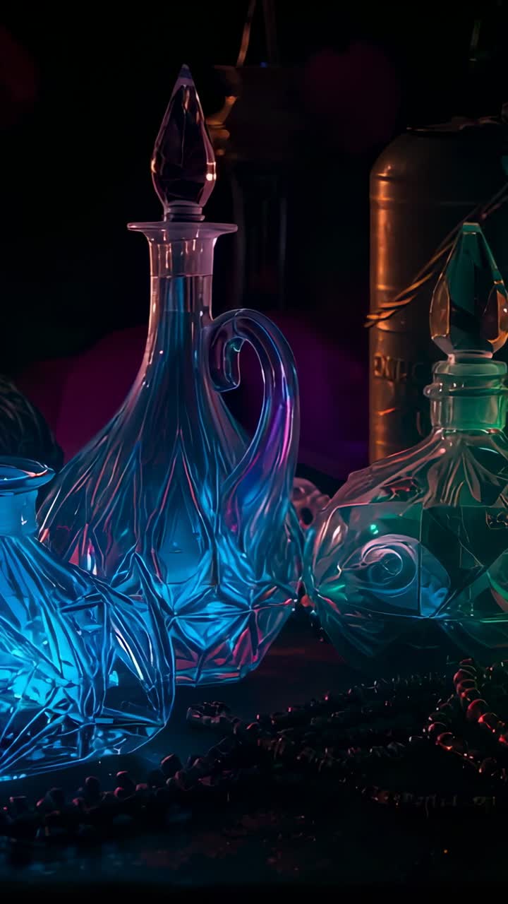 Vertical video: Cycling lights driving camera panning across crystal glassware table showing swirls