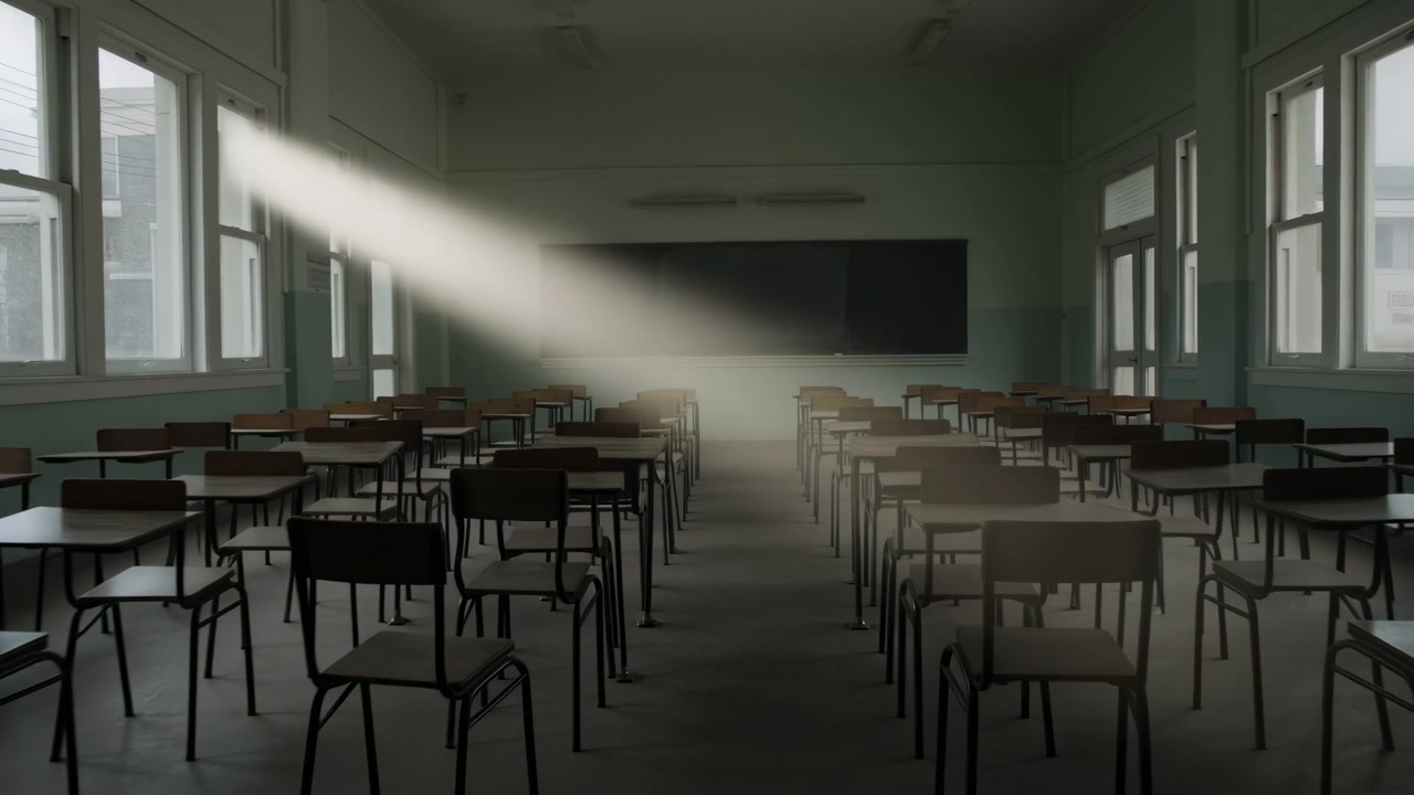Aula vuota, nessuna azione osservata, con luce solare che filtra, con banchi, sedie, lavagna, da una prospettiva fissa, con accenti grigi e marroni.