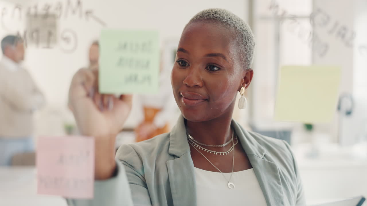 Creative, idea or black woman writing on sticky