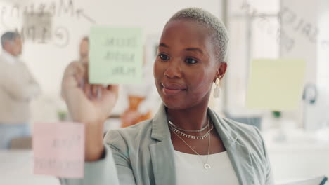 creative, idea or black woman writing on sticky