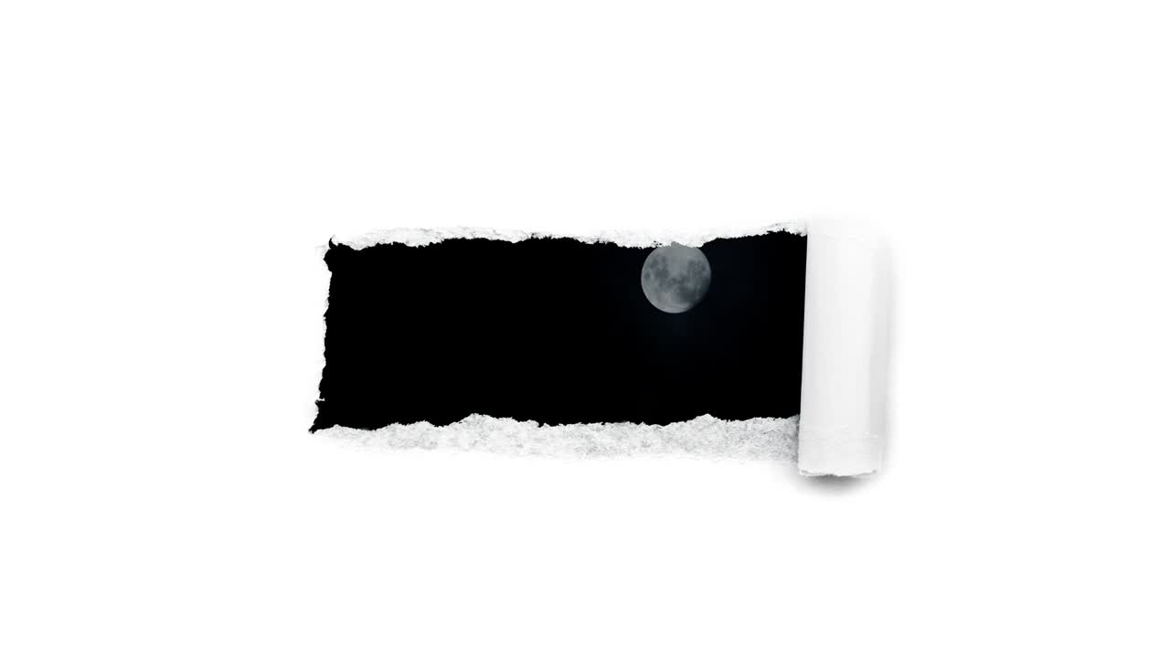 Creative 4k time laps video of a glowing full moon in the night sky with floating clouds, which is visible through a hole with torn edges in white paper.