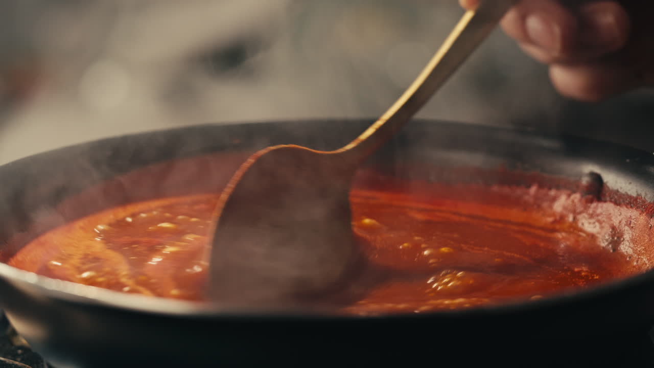 Chicken in tomato sauce is boiling on a frying pan with spices. Cooking tomato sauce curry with chicken fillet. Traditional Italian Mexican Asian dish. High quality studio shot for cafe, restaurant close up.