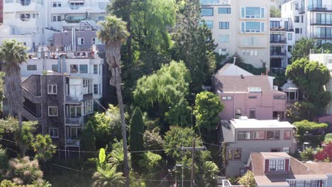 Close-up-descending-aerial-shot-of-the-steep-Filbert-Steps-going-down-Telegraph-Hill-from-Coit-Tower-in-San-Francisco,-California