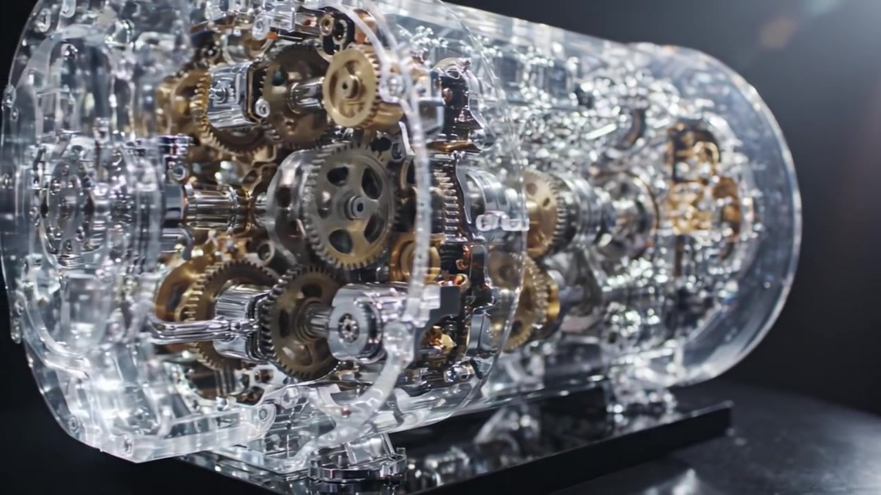 A Stunning Showcase of Mechanical Engineering: An Intricate Clear-Cased Gear Mechanism Displaying the Beauty and Complexity of Modern Machine Design