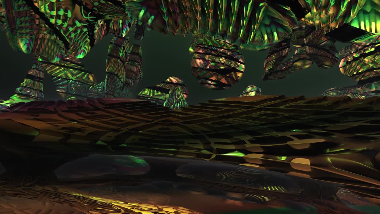 A radiant green and gold fractal universe expands into endless dimensional layers, blending luminous geometry, flowing cosmic structures, and intricate organic patterns that pulse with motion