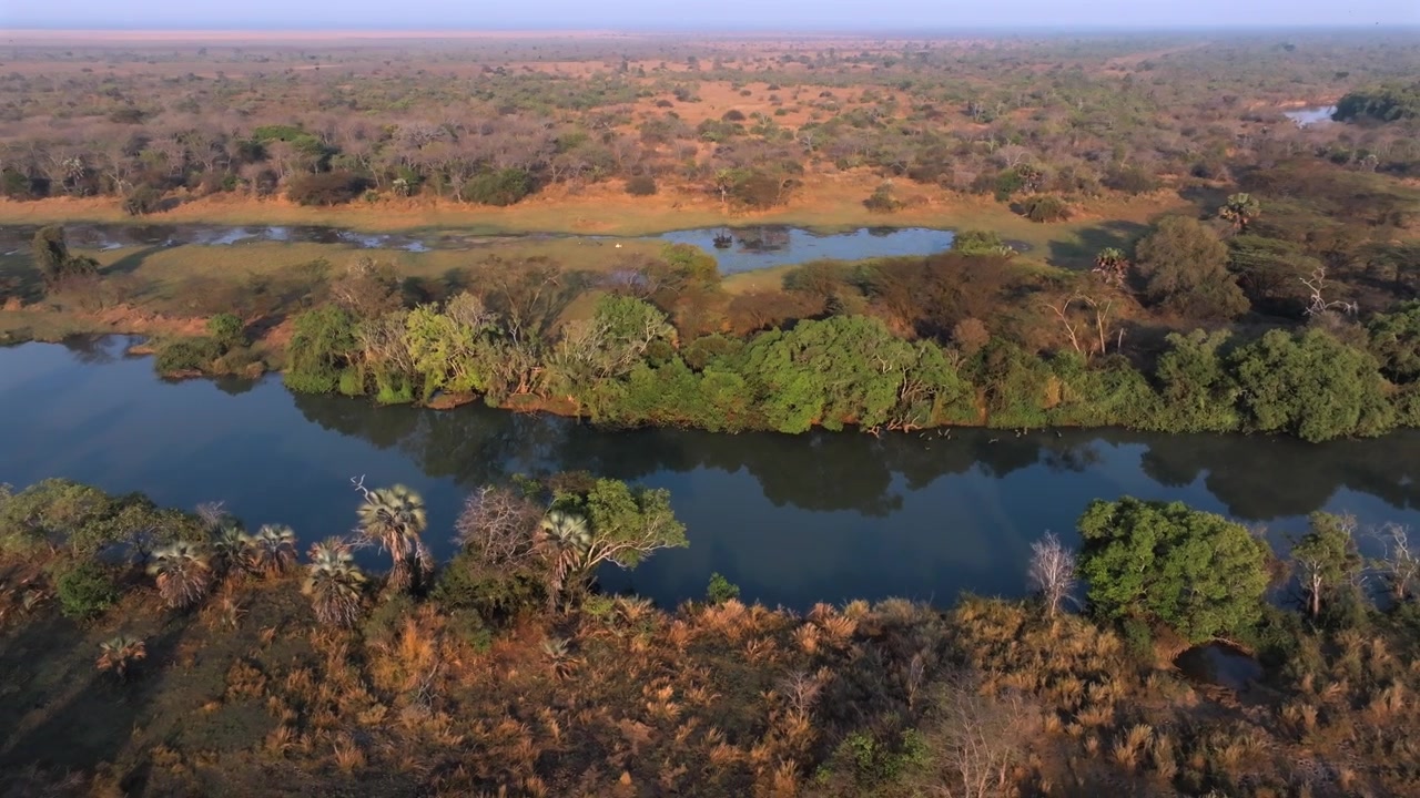 Vista aérea do Rio Malagarasi cortando a paisagem africana, revelando a vasta natureza selvagem e a beleza natural.