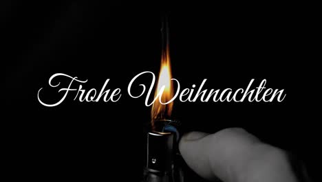 animation of frohe weihnachten christmas greetings text over lighter flame