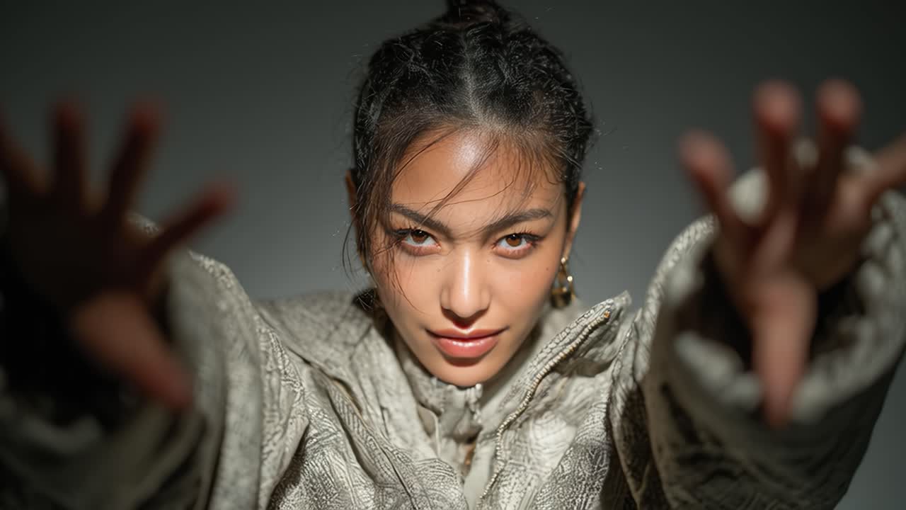 Young fashion model posing showing hands in slow motion