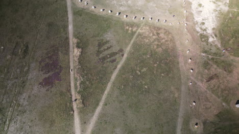 Vista-Aérea-Aérea-De-Un-Campo-De-Dólmenes-Y-Caminos-A-Través-Del-Campo.