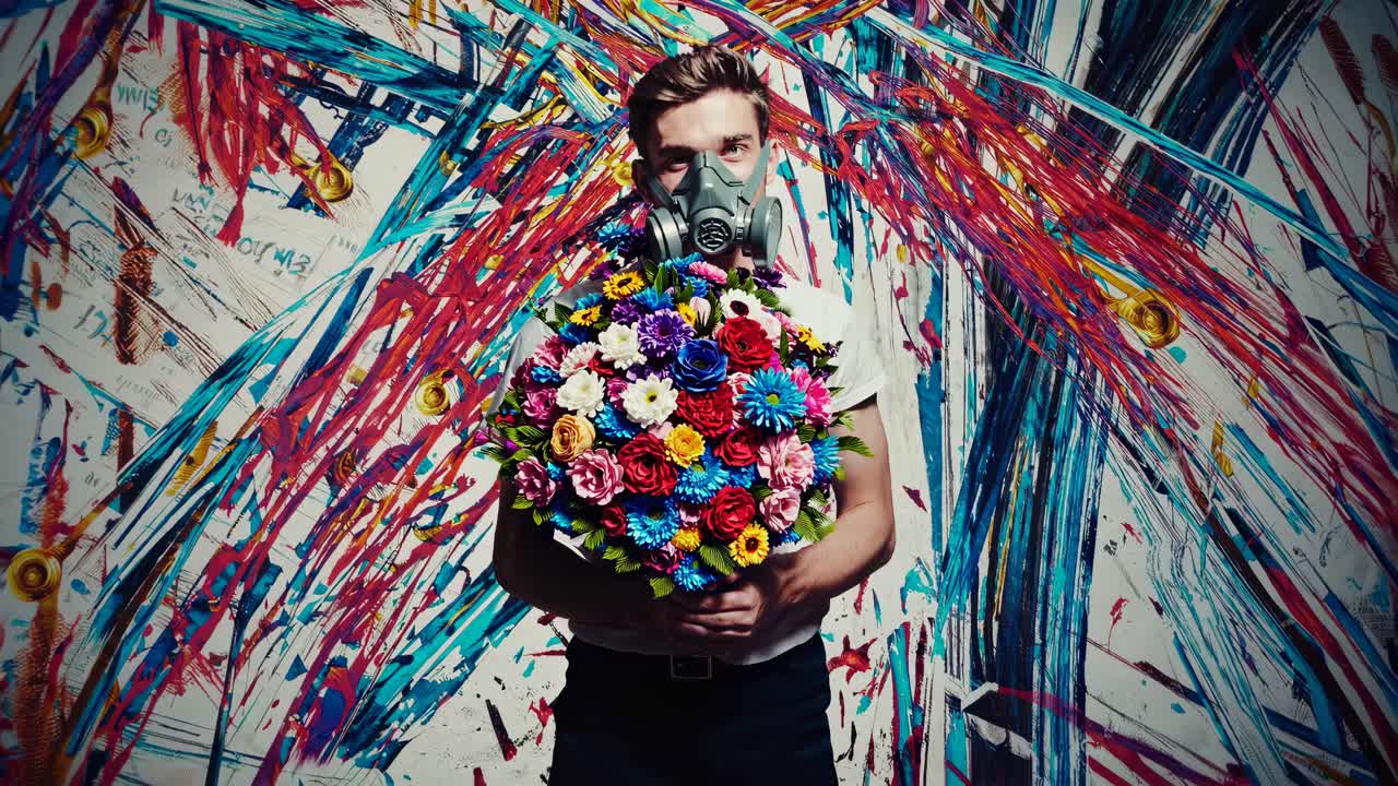 hombre con máscara de gas con flores