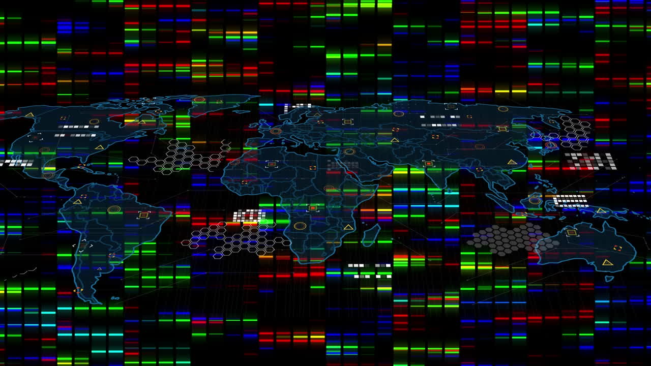 animación digital del mapa del mundo y procesamiento de datos sobre cuadrados de mosaico contra un fondo negro