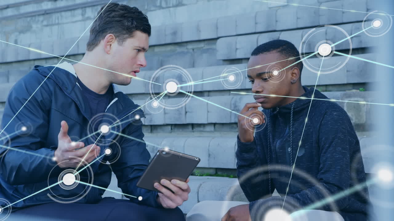 Animation of network of connections over disabled caucasian man with his friend