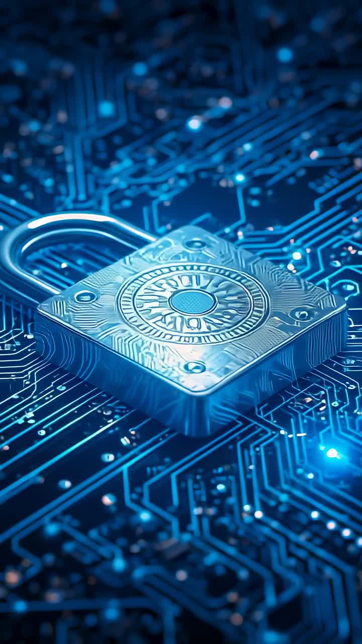 Vertical video: Pulsing data nodes under padlock on circuit board upon startup, showing secure flow