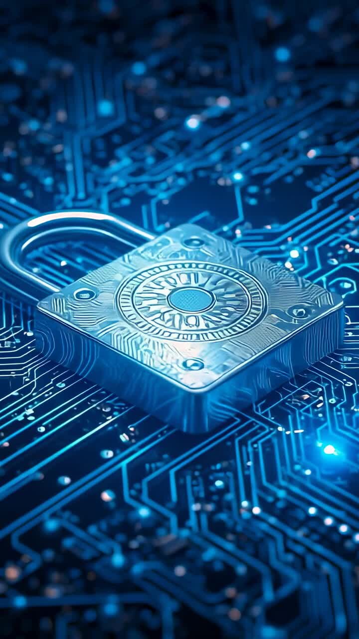 Vertical video: Pulsing data nodes under padlock on circuit board upon startup, showing secure flow