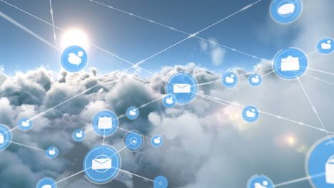 animación de la red de conexiones con iconos sobre el cielo con nubes