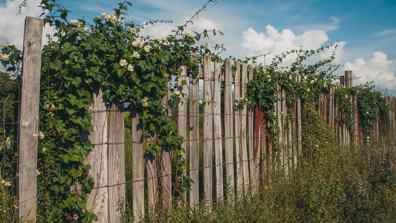 Panorering med kameraet, der starter med at bevæge sig for at vise træhegnet langs landområdet med vinstokke, der bærer blege knopper