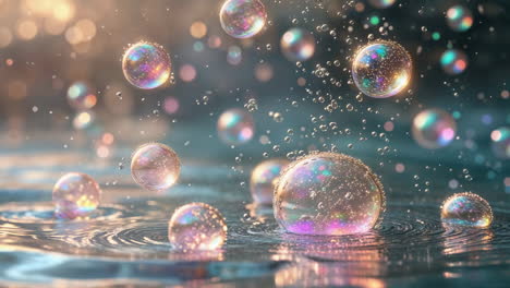 vibrant iridescent bubbles on water with bokeh background