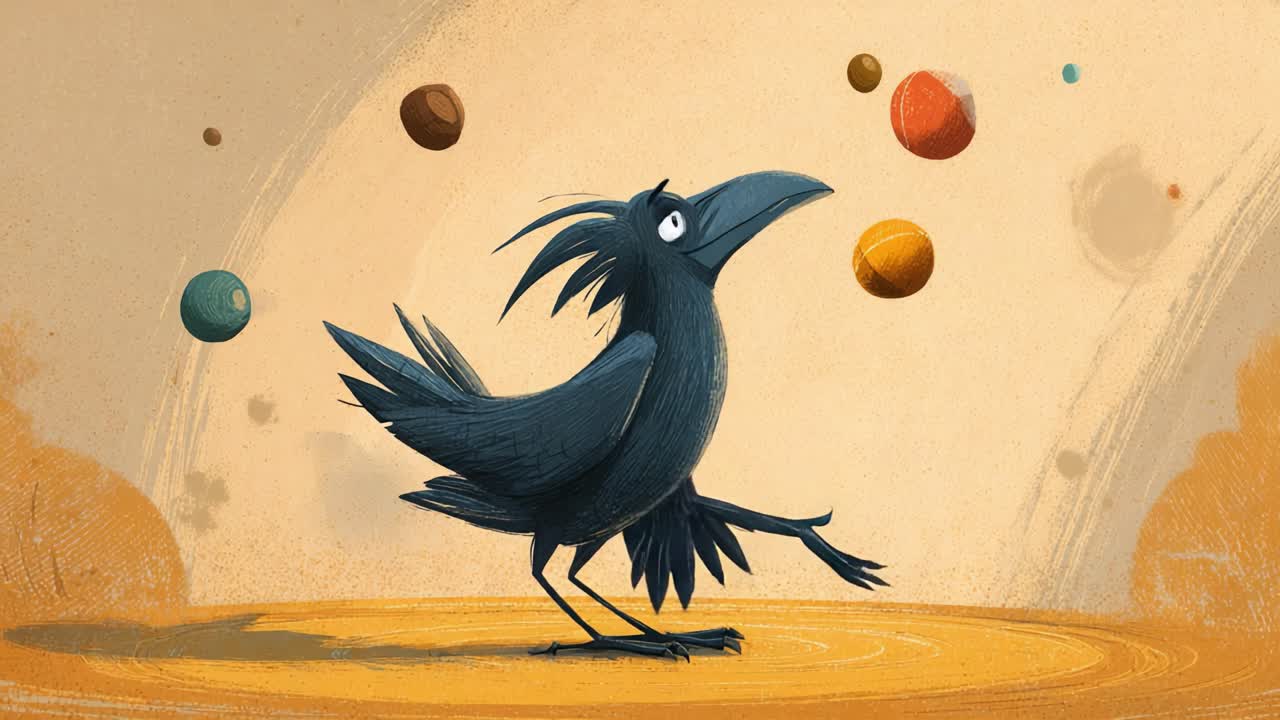 A whimsical crow juggles colorful spheres in a playful dance, showcasing both skill and charm against a vibrant, warm background filled with soft textures