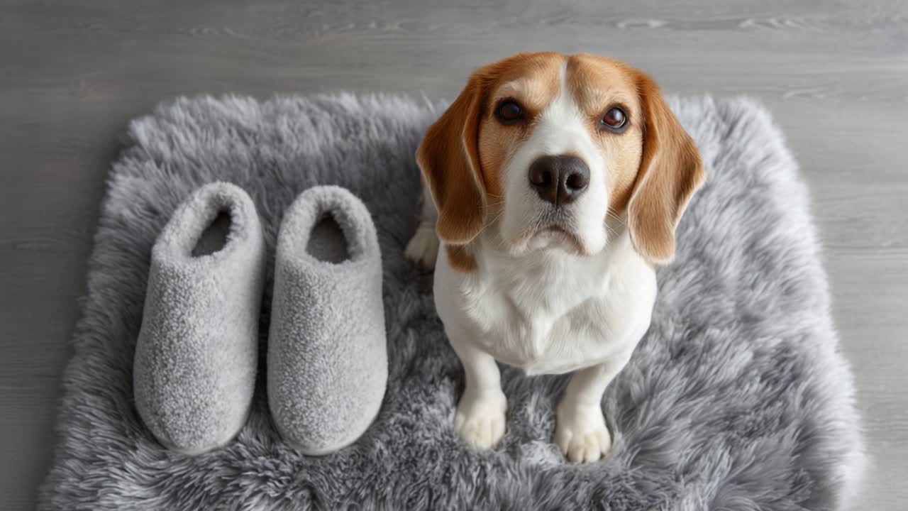 A Welcoming Beagle Sitting on a Cozy Fluffy Rug Next to Soft Slippers, Captured in Two Frames That Highlight Its Affectionate Expression and Comfy Surroundings