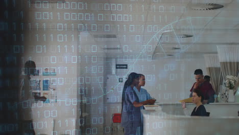 animation of dna strand and binary coding data processing over diverse doctors in hospital