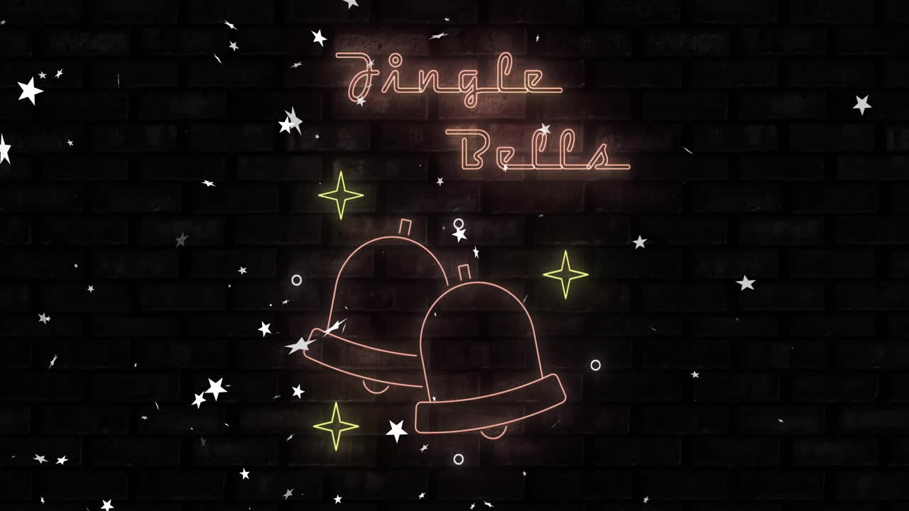 Jingle Bells text animation over glowing stars and bells on dark brick wall