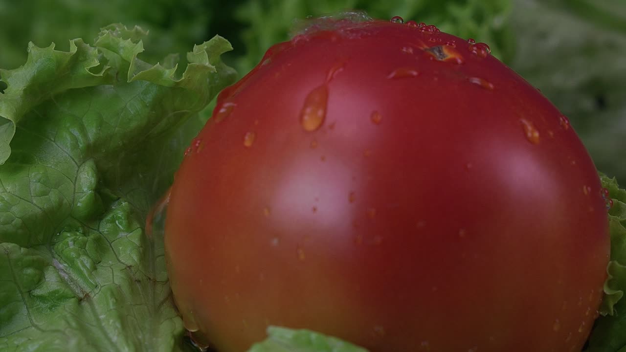 las gotas de agua caen sobre un tomate jugoso y regordete sentado en una cama de lechuga
