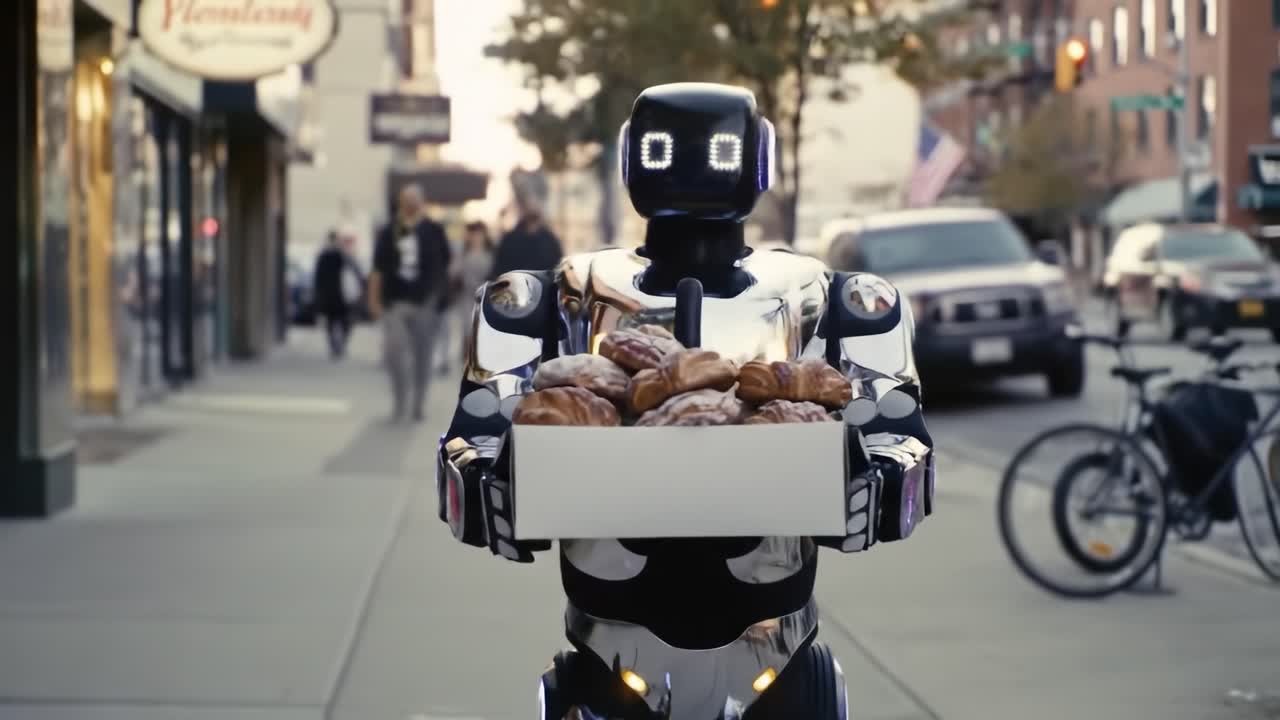 A Robot Delivering Freshly Baked Pastries While Navigating Busy Streets, Showcasing the Future of Automation in Everyday Life with a Touch of Warmth and Humanoid Design