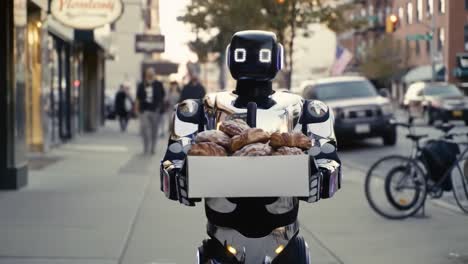 a robot delivering freshly baked pastries while navigating busy streets, showcasing the future of automation in everyday life with a touch of warmth and humanoid design