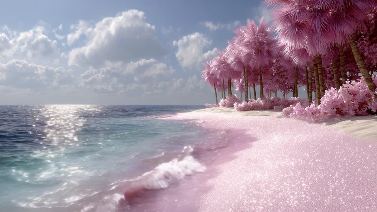 Breathtaking Pink Paradise: A Tranquil Shoreline with Lush Palm Trees and Sparkling Waves Under a Bright, Cloudy Sky Perfect for Relaxation and Escape