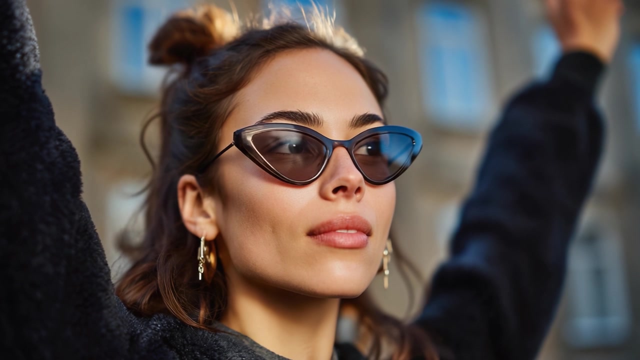 Selvsikker kvinde med cat-eye solbriller omfavner udendørslivet med stil og elegance, viser moderne mode og et smart look for nutidig æstetik.
