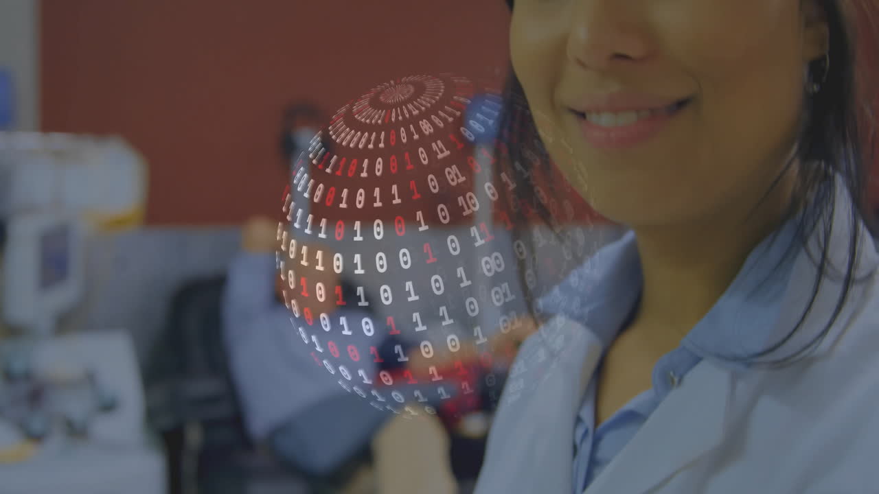 woman data scientist examining holographic binary sphere in lab, showcasing technology interface