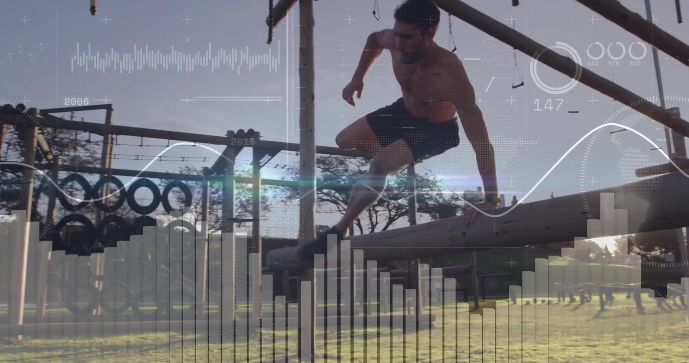 Shirtless athlete jogging in, vaulting beam with waveforms, HUD tracking fitness performance