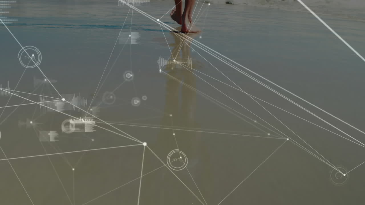 Walking on wet sand, person exploring with digital network animation overlay