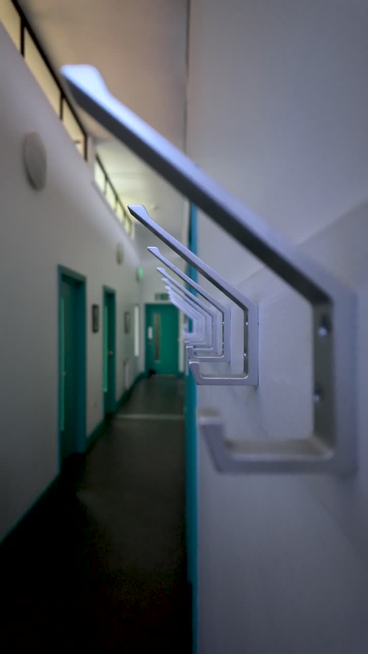 File di appendiabiti in metallo vuoti su una parete all'interno di un lungo e luminoso corridoio scolastico