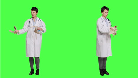 orthopedics specialist holding a cervical neck collar against greenscreen