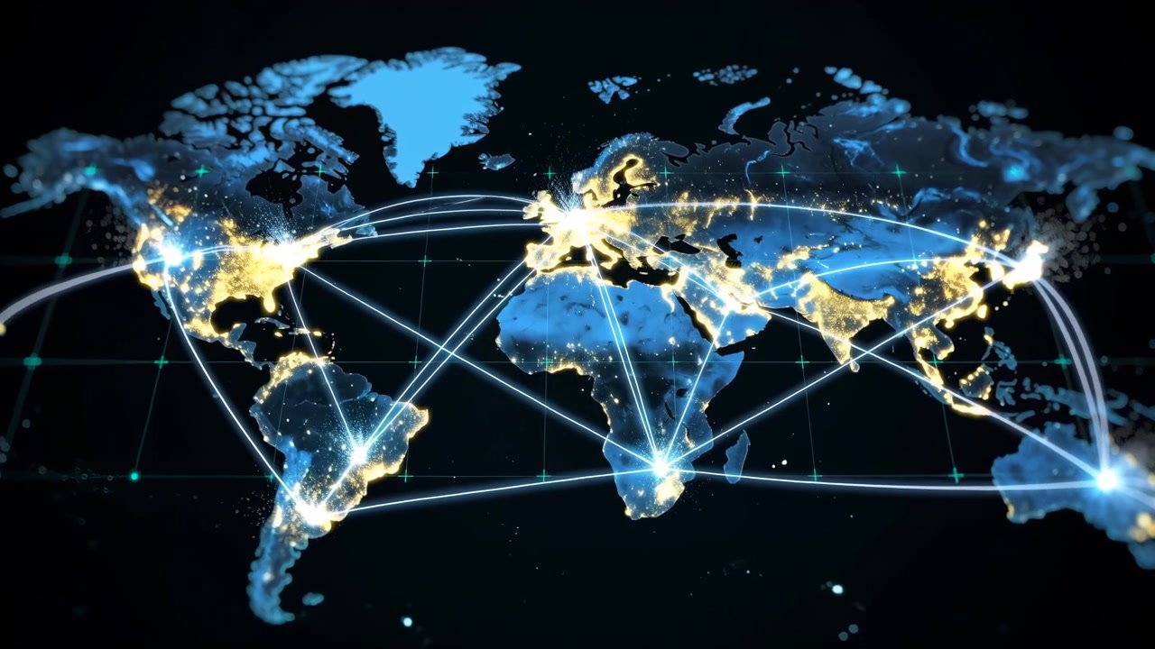 Sparse connection arcs grow into a dense web across a blue world map, with luminous nodes appearing over multiple regions above glowing landmasses, fine grid marks, and deep black surroundings.