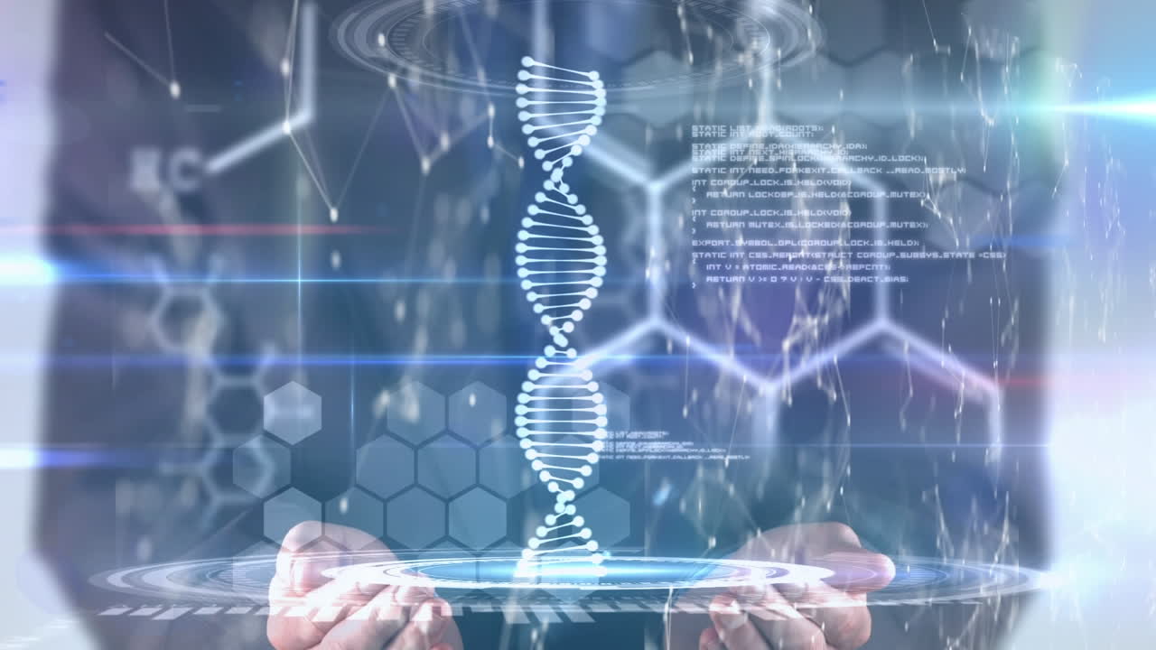 interfaz digital de procesamiento de datos médicos contra la sección media del hombre de negocios con manos cubiertas