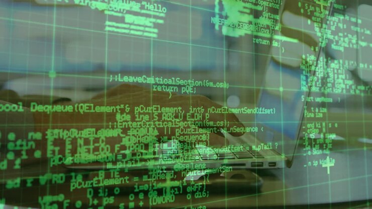 Animasjon av databehandling over mann som bruker bærbar PC