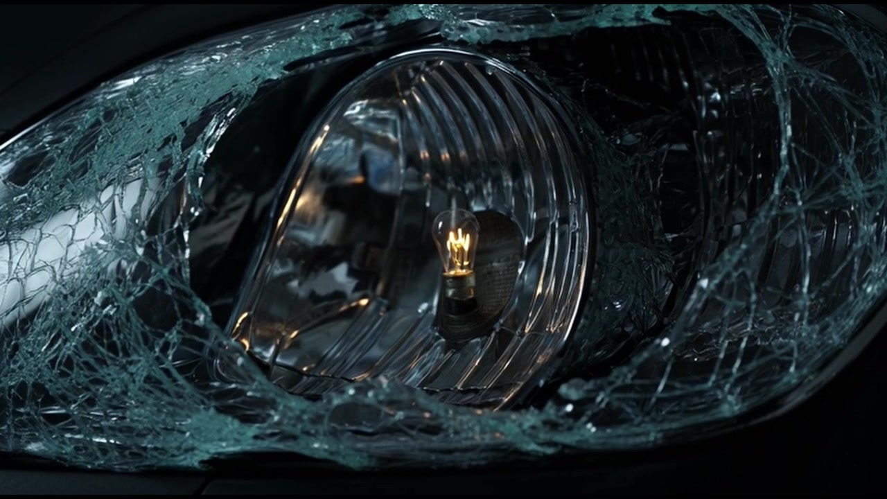 Close-up of a Broken Car Headlight with Glowing Filament