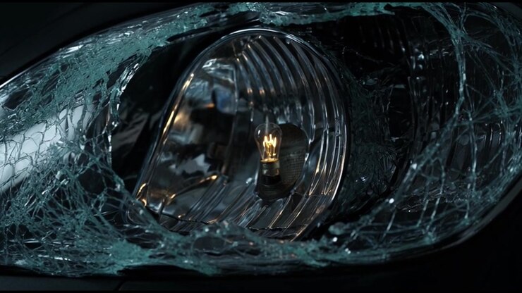 Close-up of a Broken Car Headlight with Glowing Filament