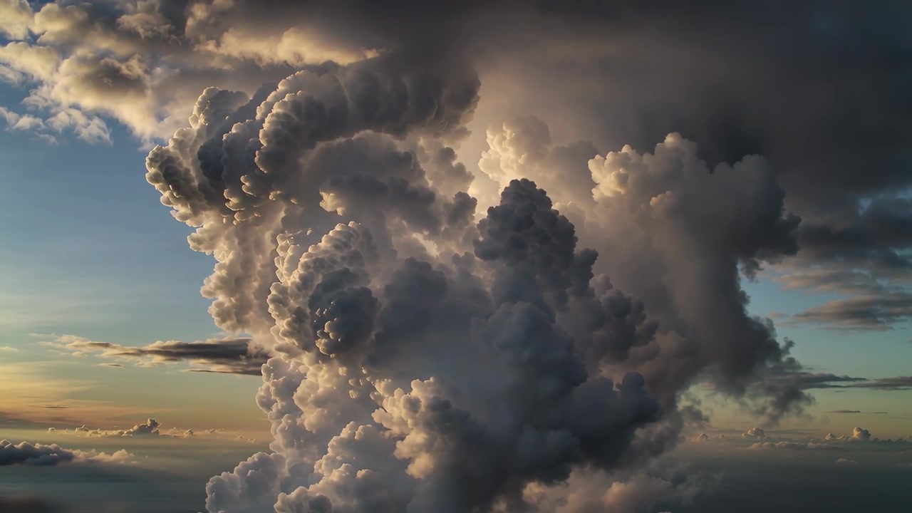 Updrafts pushing massive unstable cloud tower bulging above lower cloud deck, forming sunlit rims